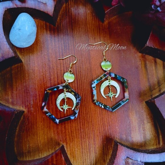 Celestial Dangle Acrylic Earrings Geometric Multi Colored Hexagon Stars & Moon - Picture 4 of 5